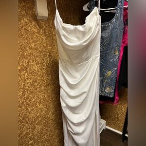Fashion Nova White Strapless Draped Cowl Gown